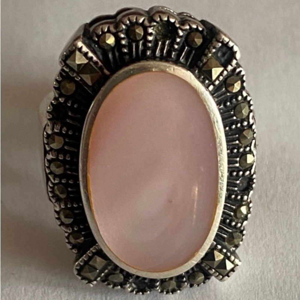 Vintage Nf 925 Thailand Signed Sterling Silver Large Abalone Shell size 7